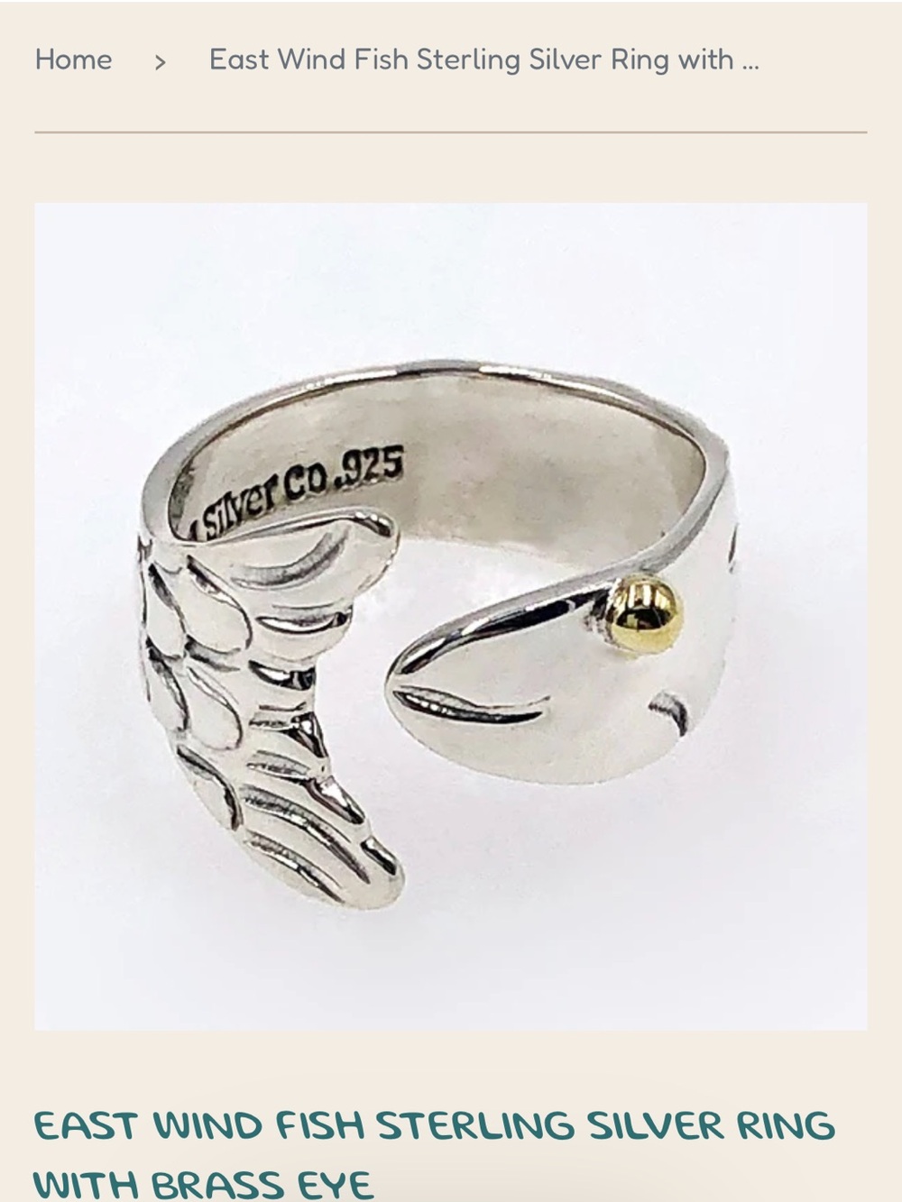 Oceana Cape Cod Sterling Silver Fish Ring with brass eye by East Wind Silver Co - Picture 10 of 10
